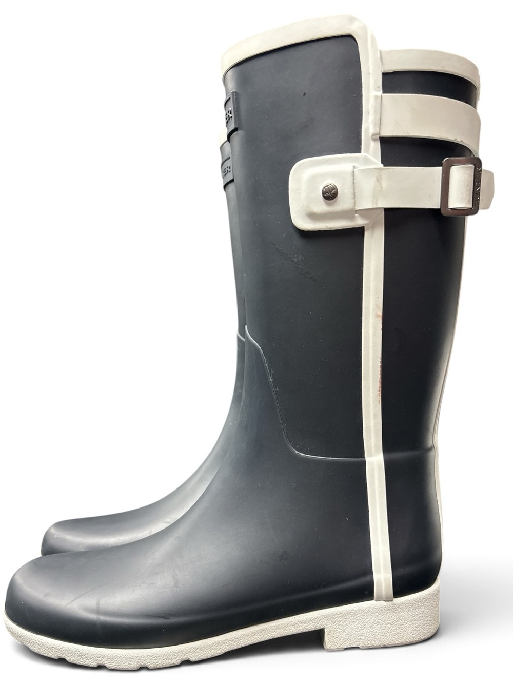 Hunter Boots Refined Slim Fit Contrast Rain Boots Dark Navy White Women Size 8